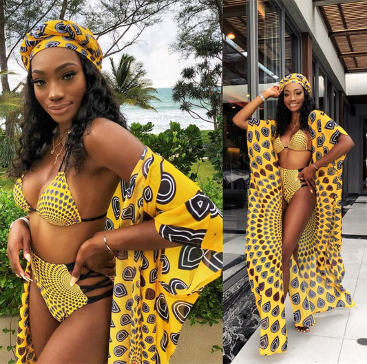 Yellow Print Three Piece Bikini with Covering