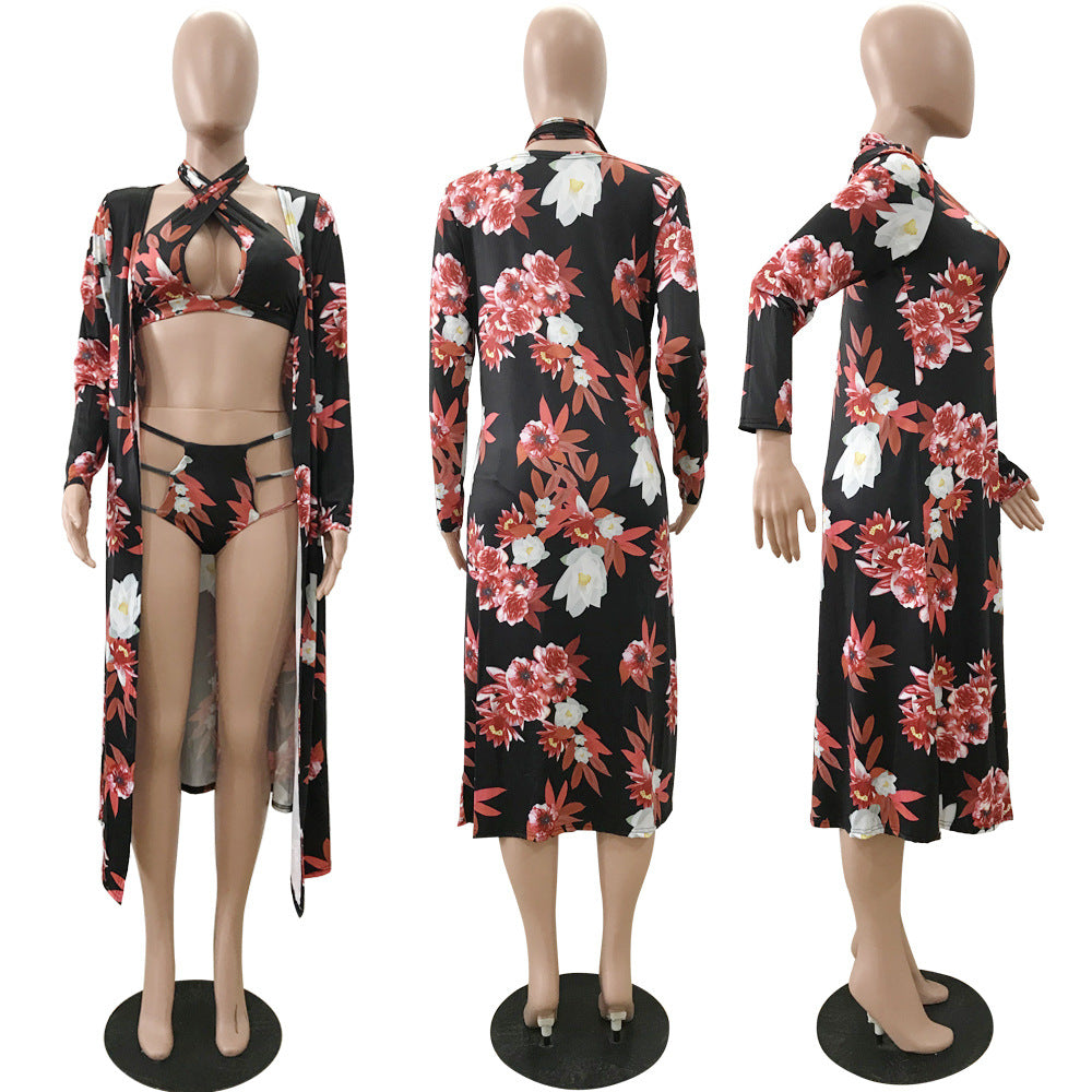 Three piece swimsuit with tropical print