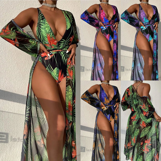 Deep Plunge Neck Swimsuit With Cover Dress